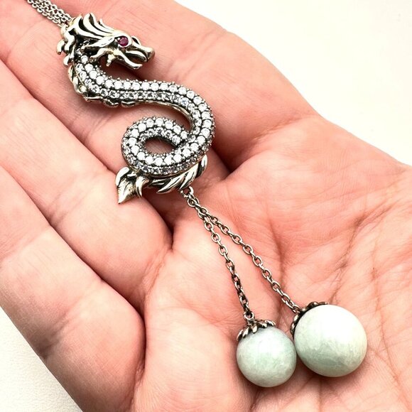 Jade of Yesteryear Womens Necklace Sterling Silver Green Jade Dragon Pendant - Picture 3 of 4